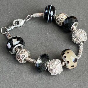 European Beaded Black and White Petite Charm Bracelet 6.5"